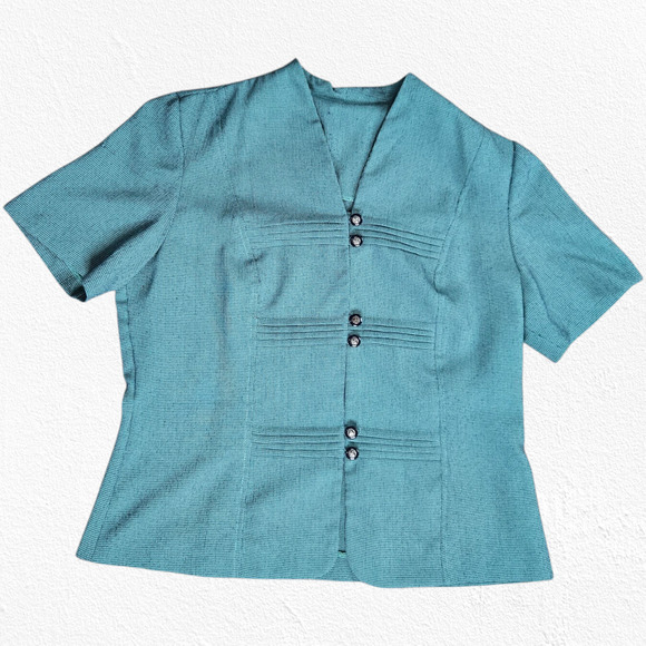 1950s Vintage Teal Black Houndstooth Button Down Fitted Blouse Jacket Size Large - Picture 2 of 6